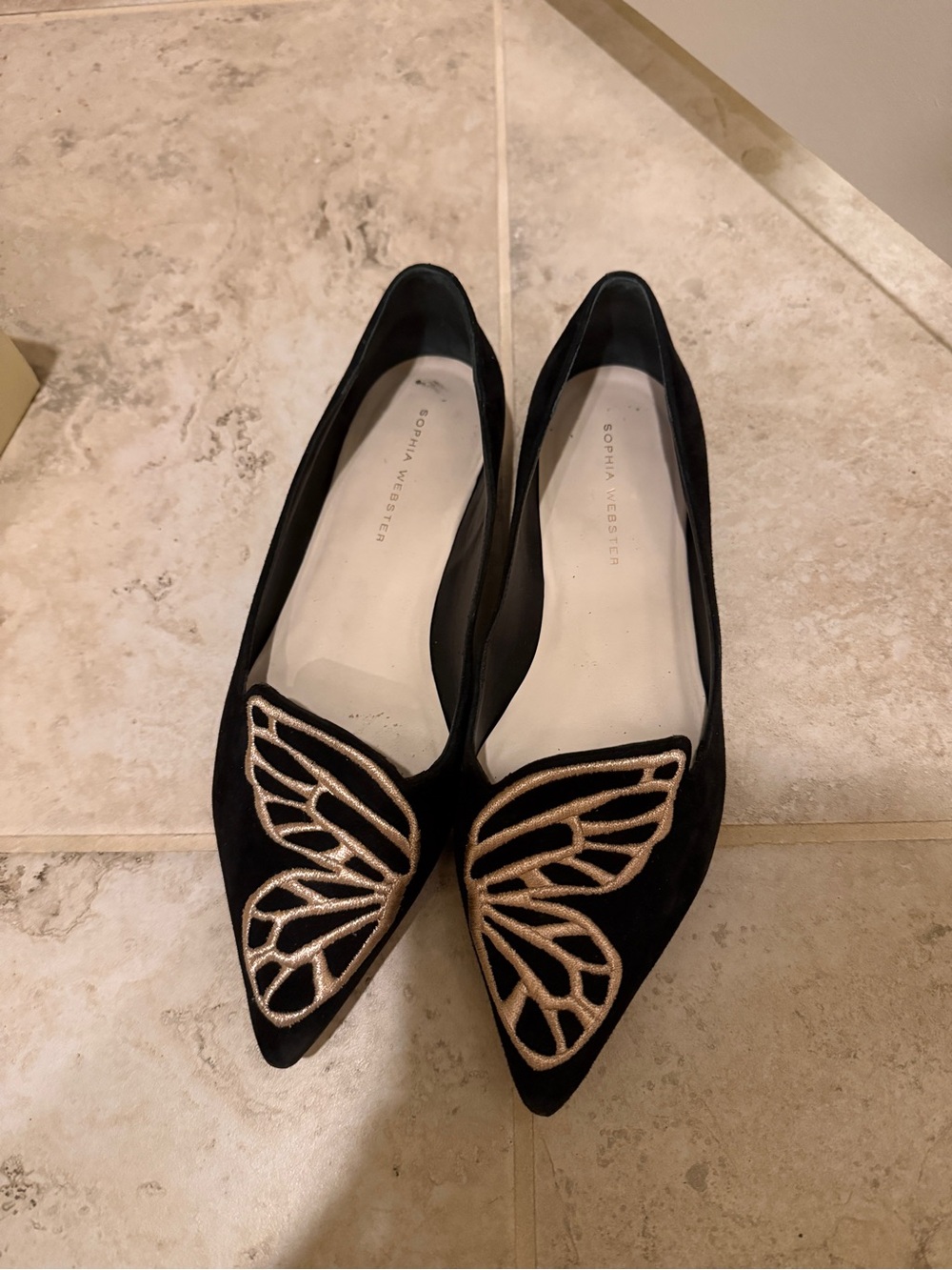 Sophia Webster Black Pointed Flats with Silver Wing Embroidery - Picture 3 of 3